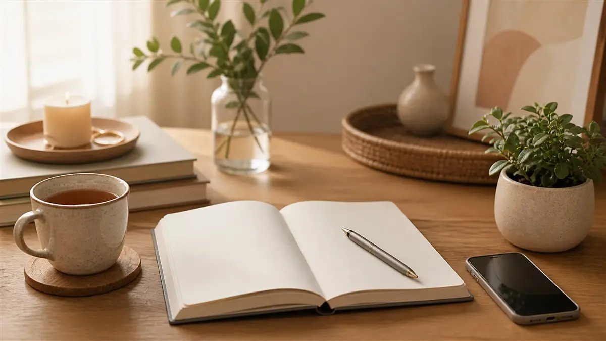 Healthy boundaries planner reset with journal tea and phone set aside