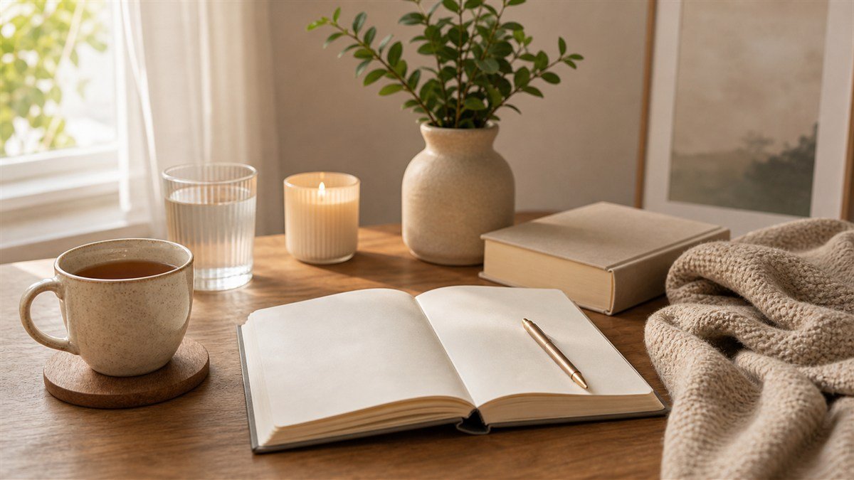 Mental health day self care reset with journal tea blanket and quiet morning light
