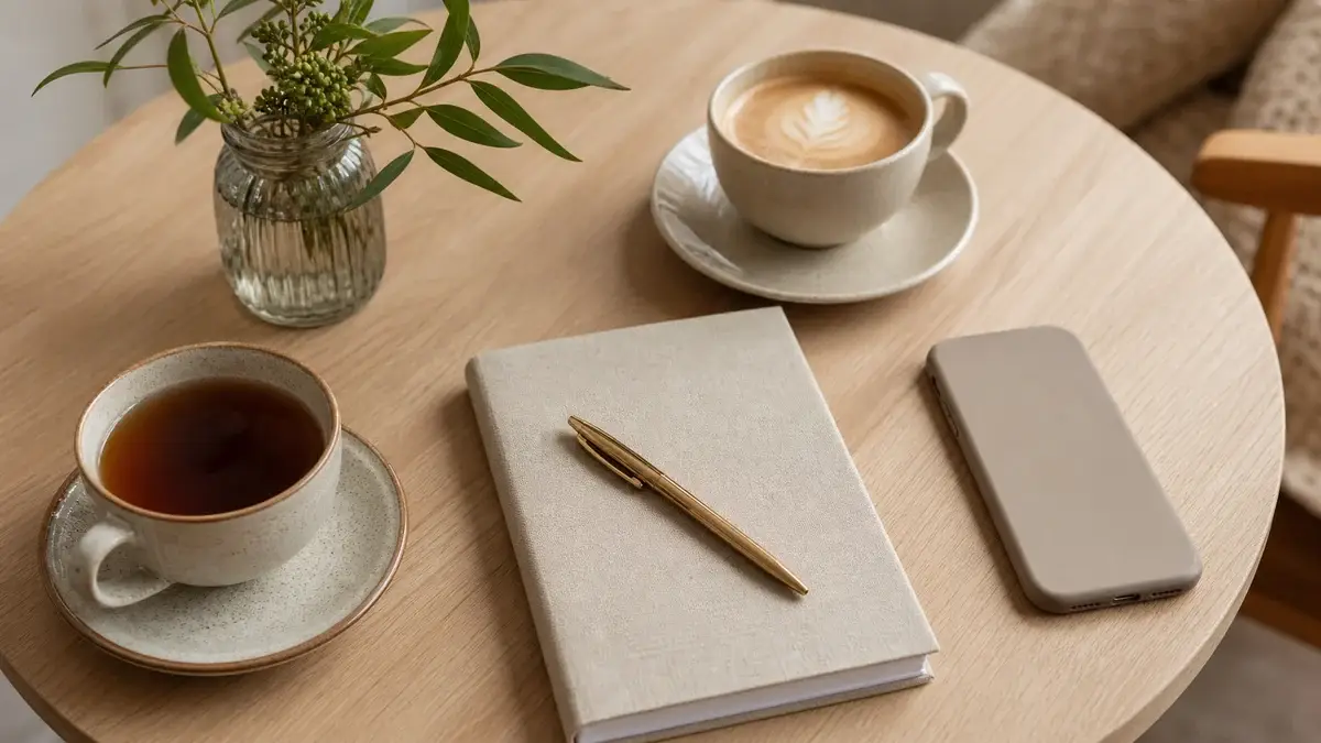 Notebook and two warm drinks prepared for a calm supportive conversation
