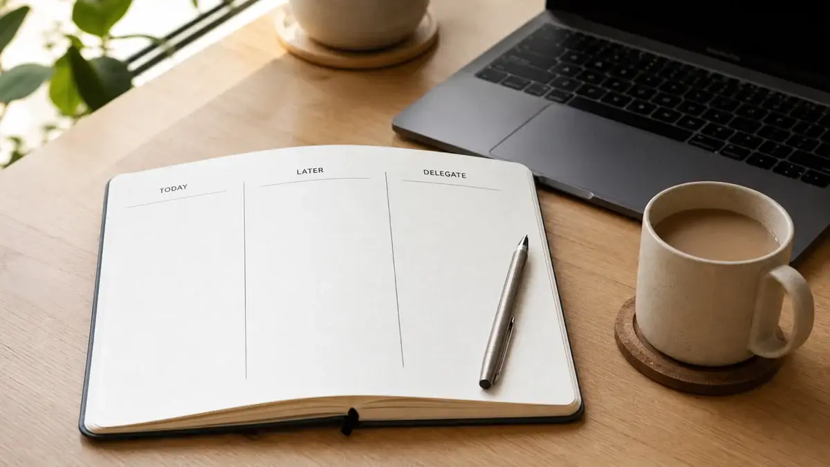 Notebook organized into priorities during a five-minute workday reset