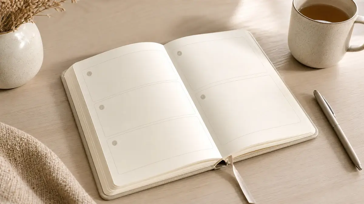 Open notebook prepared for a five-part emotional journaling check-in