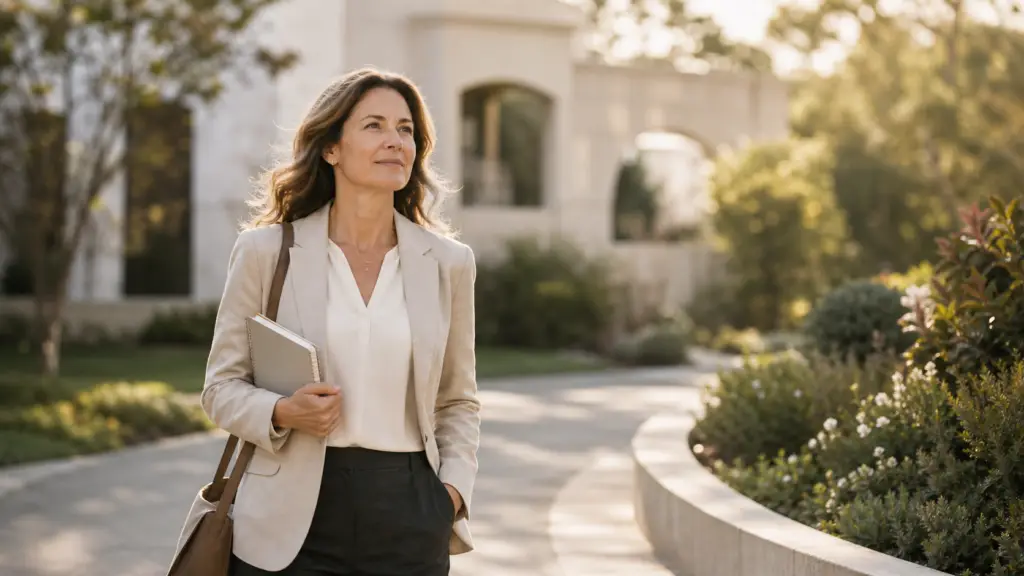 Professional woman walking calmly after real-life challenges, showing how people learn to become resilient