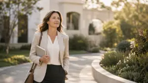 Professional woman walking calmly after real-life challenges, showing how people learn to become resilient
