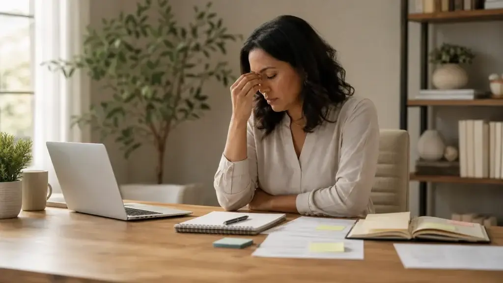Professional woman pausing at her desk while feeling mentally overwhelmed