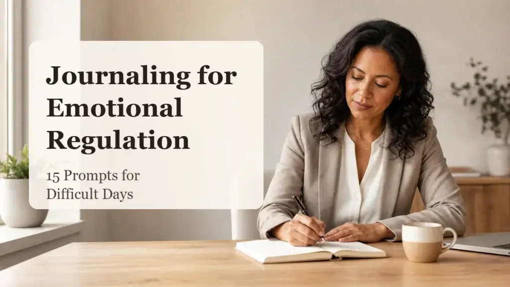 Professional woman writing in a journal during a quiet emotional check-in