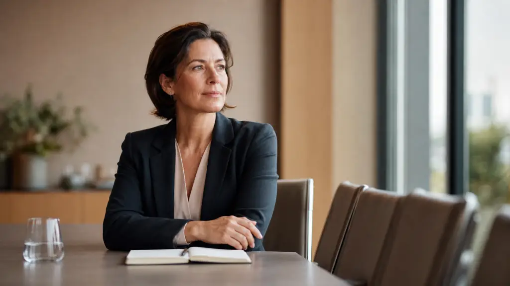 Professional woman practicing calm leadership during crisis in a warm conference room