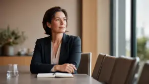 Professional woman practicing calm leadership during crisis in a warm conference room