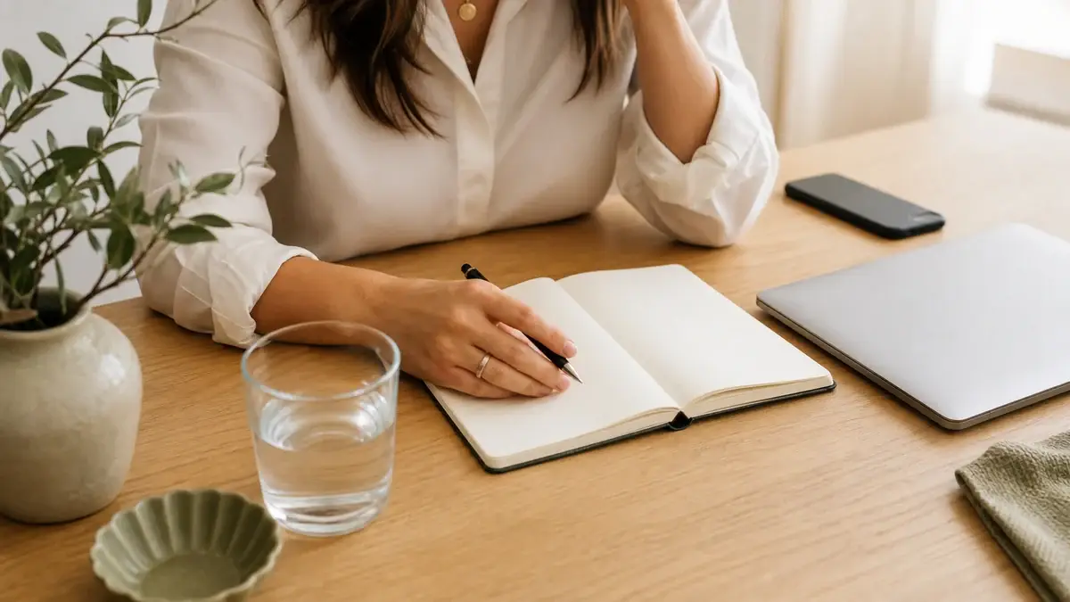 Open notebook, water and closed laptop for a simple overwhelmed reset practice