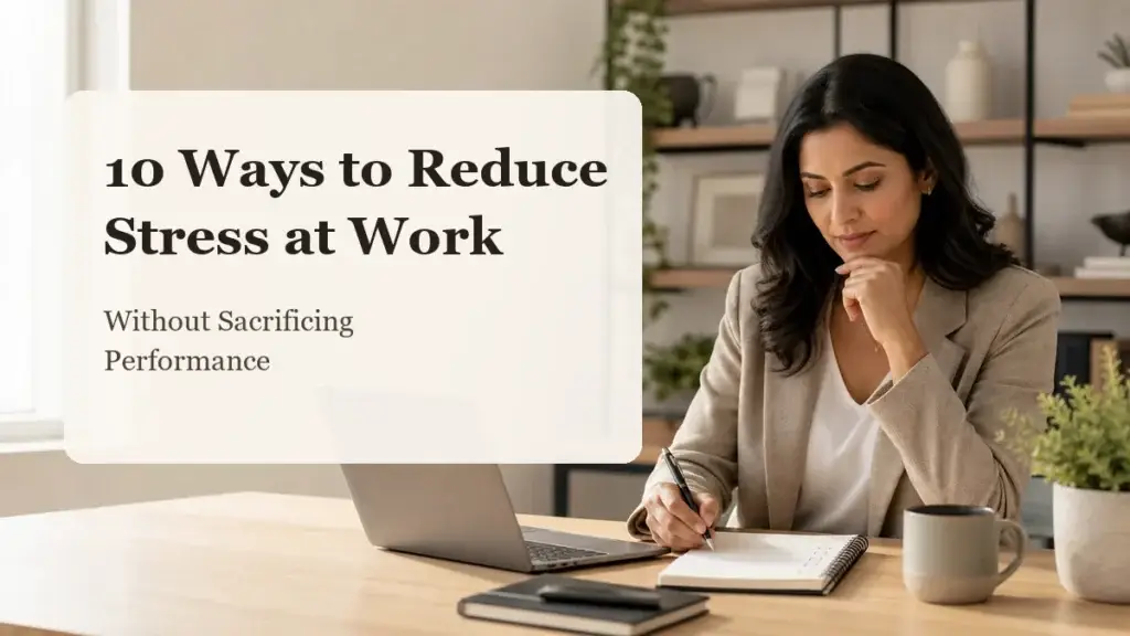 Professional woman organizing workplace priorities to reduce stress