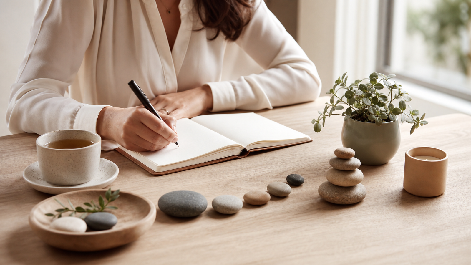 Woman journaling beside stepping stones while practicing resilience through adversity