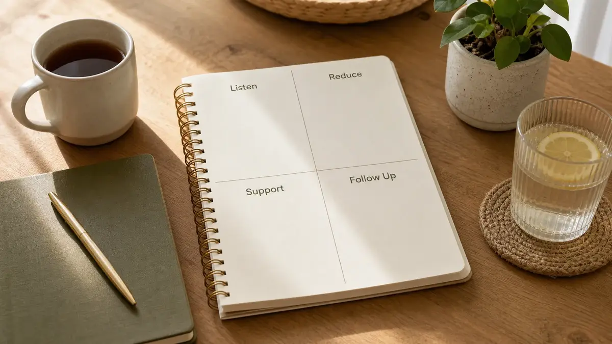 Notebook prepared for a practical four-part burnout support plan